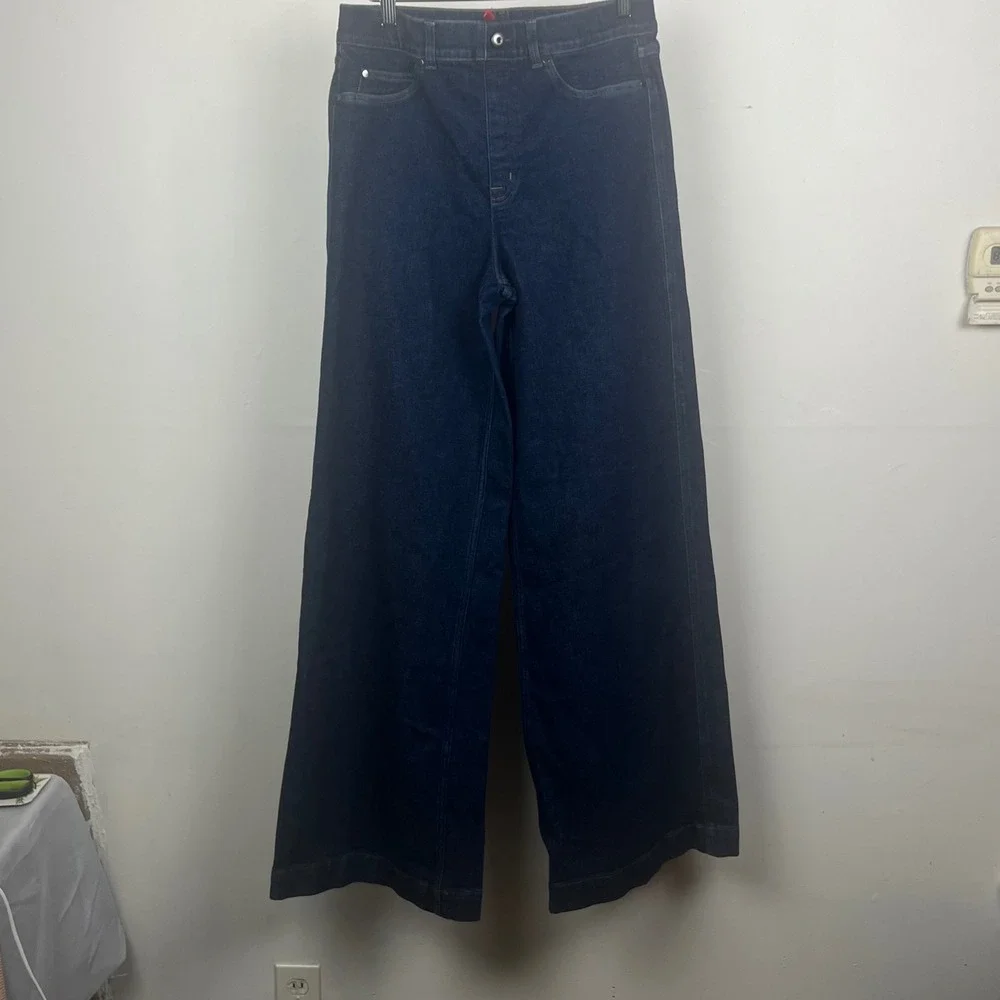 Spanx Wide Leg Jeans Raw Indigo High Rise Pull On Denim 20547T Large Long